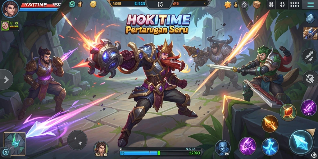 Tangkapan layar gameplay HOKITIME dengan pertarungan tim yang seru.