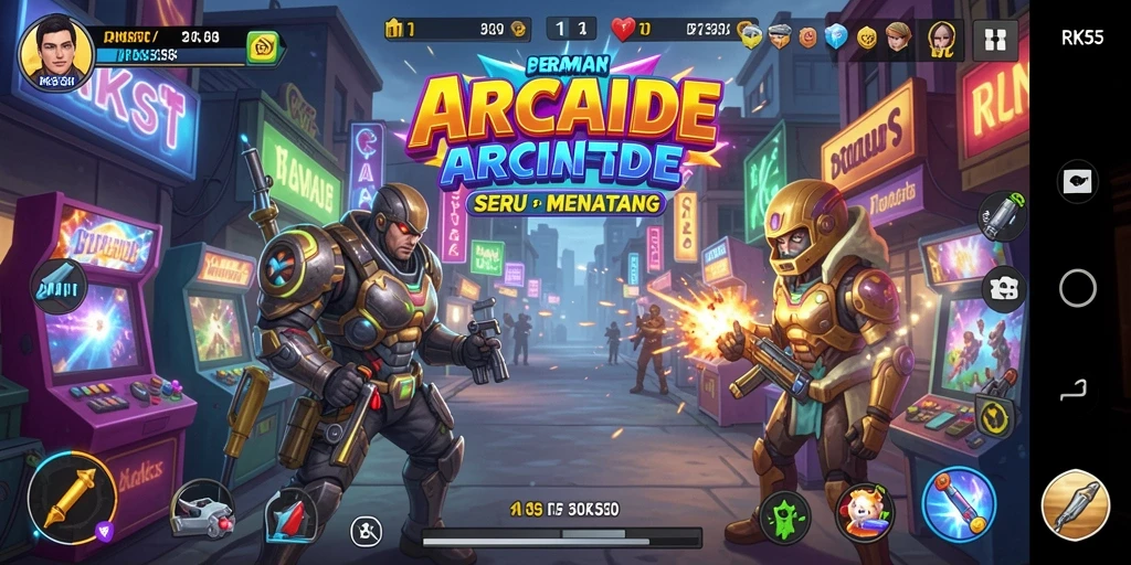Screenshot gameplay RK55 menampilkan karakter bertarung melawan rintangan.